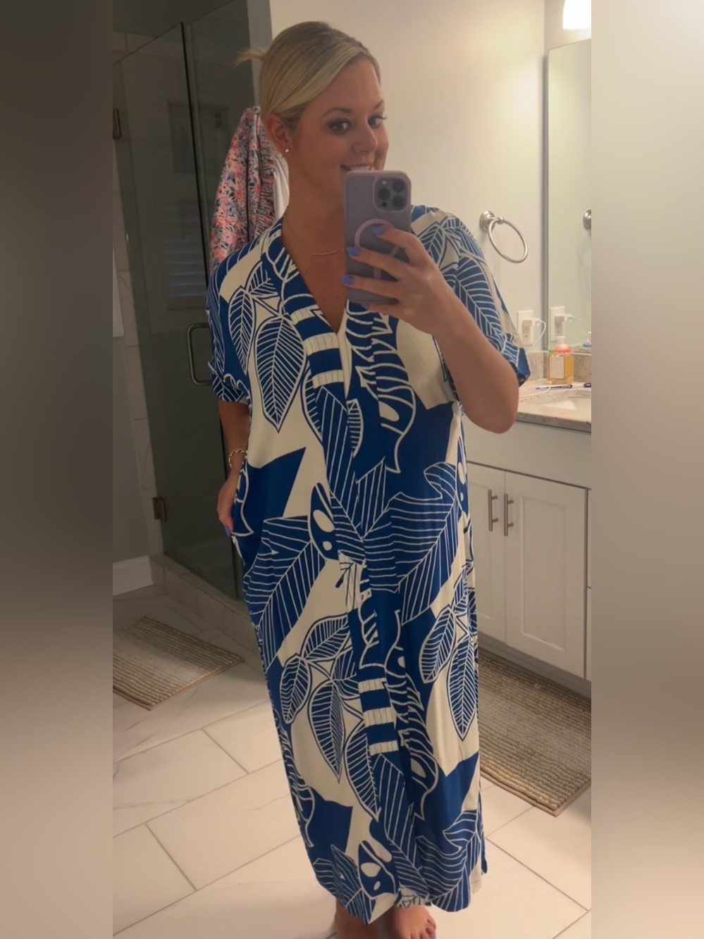 Walker & Wade Blue White Tropical Leaf Linen Shirt Dress XS/S Resort Beach